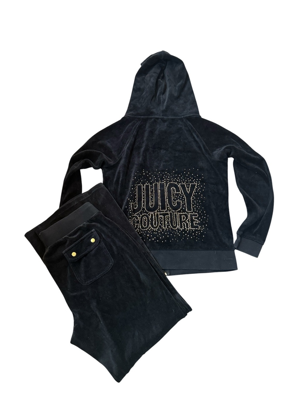 Juicy Couture Black Velour Hooded Zip Top & Wide-Leg Pants 90's‎ Set M/L